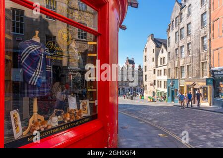 View of colourful kiltmakers shop on W Bow near the Grassmarket, Edinburgh, Lothian, Scotland, United Kingdom, Europe Stock Photo