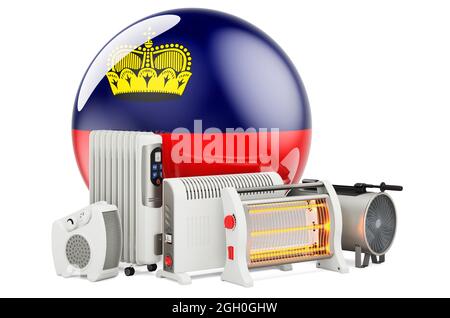 Liechtensteiner flag with heating devices. Manufacturing, trading and service of convection, fan, oil-filled, and infrared heaters in Liechtenstein. 3 Stock Photo
