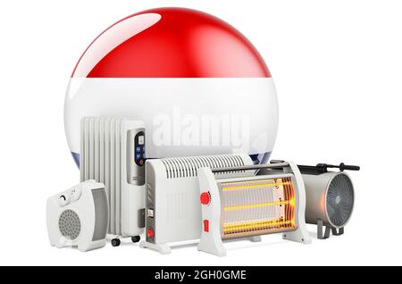 The Netherlands flag with heating devices. Manufacturing, trading and service of convection, fan, oil-filled, and infrared heaters in The Netherlands. Stock Photo