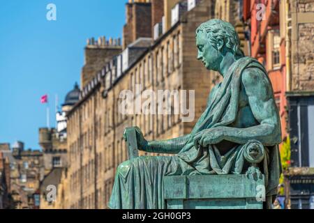 View of David Hume statue on the Golden Mile, Edinburgh, Lothian, Scotland, United Kingdom, Europe Stock Photo
