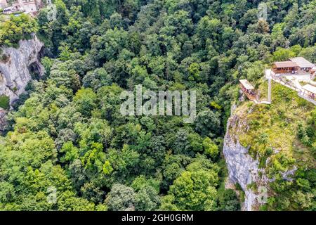 an aerial view of Pazin zip line over abyss is an extraordinary natural attraction in summer, Pazin,  Istria, Croatia Stock Photo