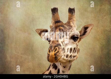 Closeup of the head of a giraffe. Image has been textured to replicate an old print or painting. Space for your text. Stock Photo