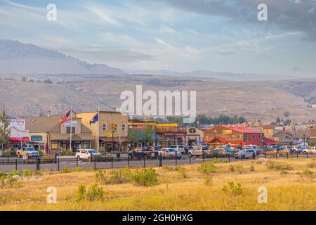 Gardiner, Montana- August 2021: Street shot of Gardiner, the town at the north entrance of Yellowstone National Park. Stock Photo