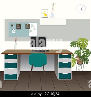 Illustration of the office cabin interior decorated with different office tools Stock Vector