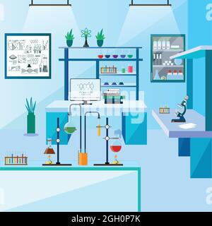 Illustration of the laboratory interior decorated with different laboratory tools Stock Vector