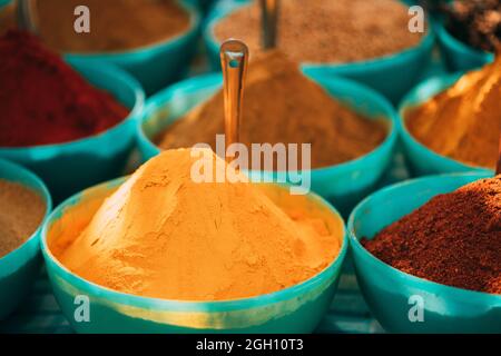 Close View Of Masala Curry, Bright Colors Fragrant Seasoning, Condiment In Tray On Local Food Market, Bazaar.
