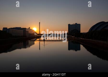 Glasgow, Scotland, 1 September 2021. PICTURED: Bells Bridge over the River Clyde with the Glasgow Tower (centre left). Drone aerial view looking down from above of the COP26 venue which takes place at Glasgow’s SEC (Scottish Event Campus) which was formerly known as the SECC (Scottish Exhibition and Conference Centre) along with the SEC Armadillo and SSE Hydro Arena which forms the new campus. The Climate Change conference COP26 will be hosted here from 1st to 12th November this year.  Credit: Colin Fisher. Stock Photo