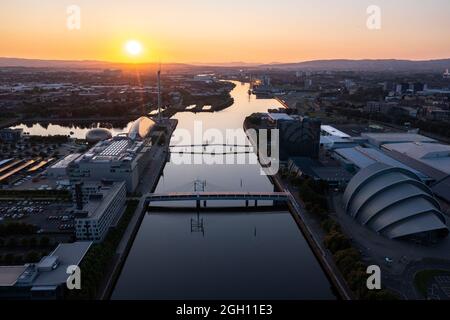 Glasgow, Scotland, 1 September 2021. PICTURED: Bells Bridge over the River Clyde with the Glasgow Tower (centre left). Drone aerial view looking down from above of the COP26 venue which takes place at Glasgow’s SEC (Scottish Event Campus) which was formerly known as the SECC (Scottish Exhibition and Conference Centre) along with the SEC Armadillo and SSE Hydro Arena which forms the new campus. The Climate Change conference COP26 will be hosted here from 1st to 12th November this year.  Credit: Colin Fisher.