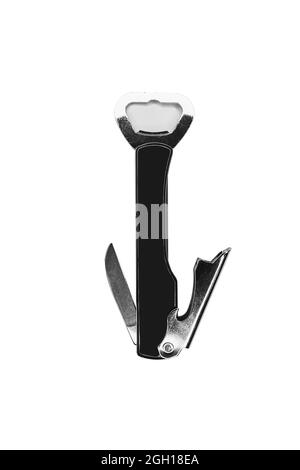 Multi-Purpose Tool on Isolated White Background. bottle opener with corkscrew. swiss knife isolated on white Stock Photo