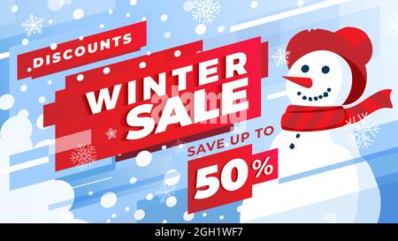 Winter sale Offer advertising. Red, white and light blue template to use in your design as a flyer, print or banner.Horizontal dynamic composition. Stock Vector