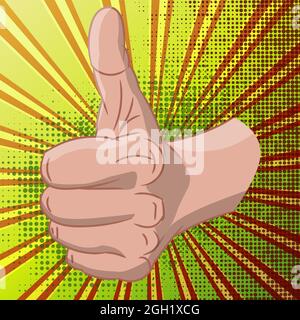 OK finger pop art vector illustration Thumb up in retro style on a multi-colored background. A positive gesturein or a sign social networks Stock Vector