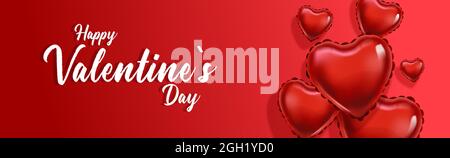 Happy Valentine's Day banner with heart shaped balloons and red background. Stock Vector