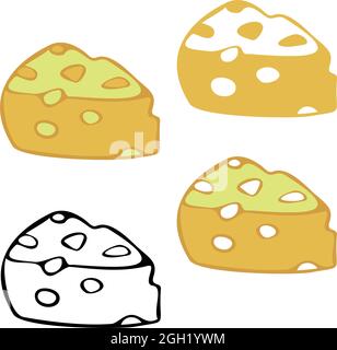 Vector illustration of triangular pieces of cheese with holes.  Design for coloring book. Stock Vector