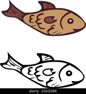 Vector illustration with fish colored and depicted by a line. Outline of fish. Stock Vector