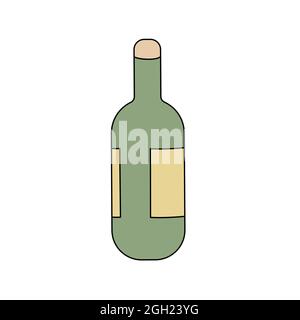 Cute bottle of champagne or wine in doodle style. Vector illustration isolated on white background. Cartoon sparkling wine in color Stock Vector