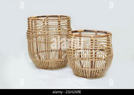 cane round basket on white background selective soft focus Stock Photo
