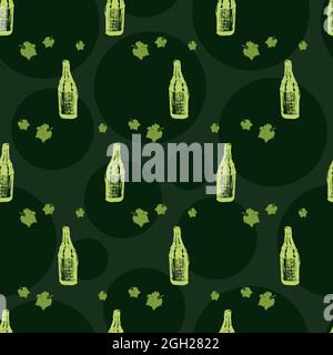 Vector dark green elegant champagne bottles sketch seamless pattern with circles background 08. Perfect for fabric, wrapping paper and wallpaper Stock Vector