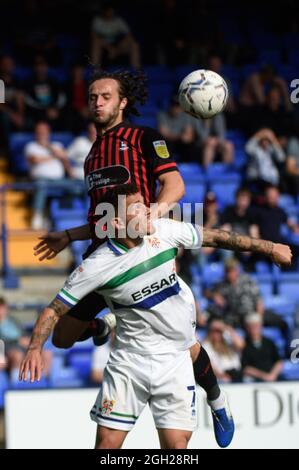 BIRKENHEAD, UK. SEPT 4TH Jamie Sterry of Hartlepool United FC heads the ball during the Sky Bet League 2 match between Tranmere Rovers and Hartlepool United at Prenton Park, Birkenhead on Saturday 4th September 2021. (Credit: Ian Charles | MI News) Credit: MI News & Sport /Alamy Live News Stock Photo