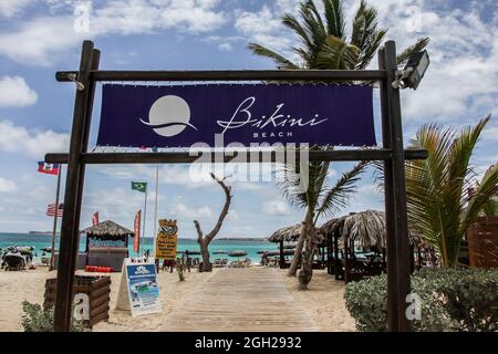 ORIENT BAY BEACH, ST.MAARTEN -  AUGUST 02: Bikini beach entrance on Orient Bay (Baie Orientale) area  in Sint Maarten, seen in St.Maarten on August 2, Stock Photo