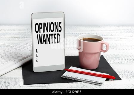 Conceptual caption Opinions Wanted, Internet Concept judgment or advice by an expert wanted a second opinion Wireless Communications Voice And Video C Stock Photo