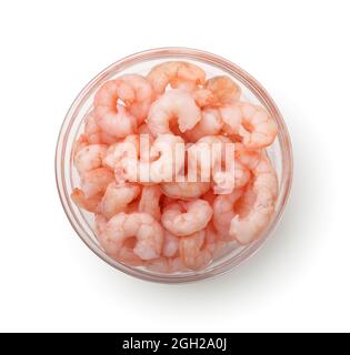 Top view of pickled shrimps in glass cup isolated on white Stock Photo