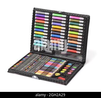 Art set of color pencil, crayon, oil pastel, felt pen, watercolor in box isolated on white Stock Photo