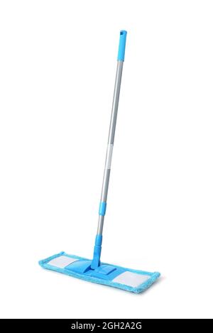 Blue plastic mop with adjustable handle isolated on white Stock Photo