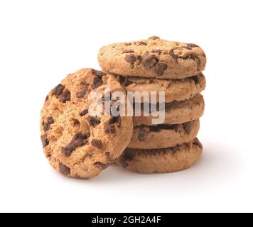Front view of stacked chocolate chip cookies isolated on white Stock Photo