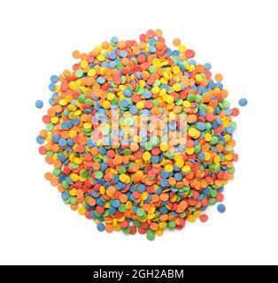 Top view of colorful round confetti candy sprinkles isolated on white Stock Photo
