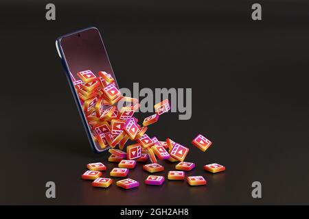Black phone with logo of social media Instagram on the screen. Social media  icon. Hand with phone. Can be used as illustrative for marketing or busin  Stock Photo - Alamy