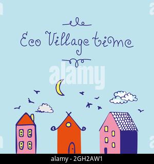 Vector illustration of an eco village with birds, yellow moon and blue clouds. Stock Vector