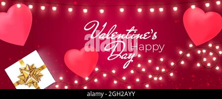 Valentine's Day banner with shining lights garland, light bulbs, gift box on pink background. Valentine's Day card. Stock Vector