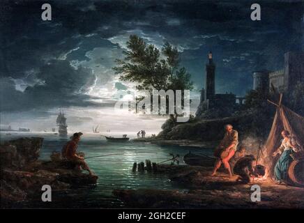 The Four Times of Day: Night by Claude-Joseph Vernet (1714-1789), oil on silvered copper, 1757 Stock Photo