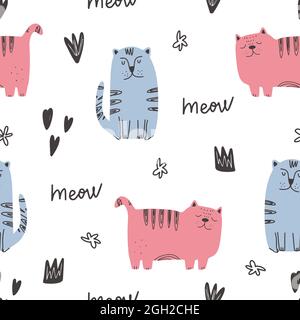 Cute cat pattern - hand drawn childish kitten seamless pattern design Stock Vector