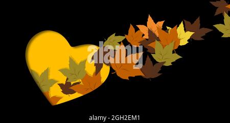 Autumnal heart, multicolored leaves coming out of the of the symbol of love, typical of the time. Fall season atmosphere. MINIMALIST AUTUMN BACKGROUND........................................ Stock Photo