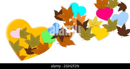 Autumnal heart, multicolored leaves and signs coming out of the of the symbol of love, typical of the time. Fall season. MINIMALIST AUTUMN BACKGROUND. Stock Photo