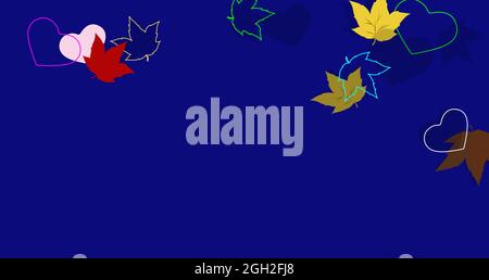 Profiles and contours, silhouettes of isolated elements. AUTUMN BACKGROUND. Cool. Set of multicolored leaves and hearts. Feelings and sensations. Stock Photo