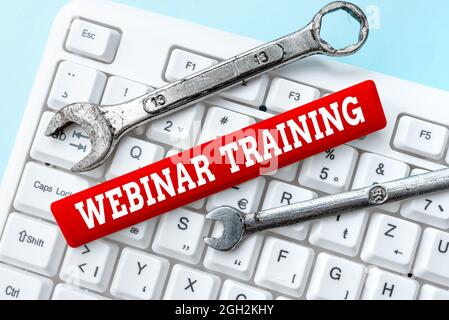 Conceptual caption Webinar Training. Concept meaning a training or seminar that takes place on the Internet Abstract Presenting Ethical Hacker, Typing Stock Photo
