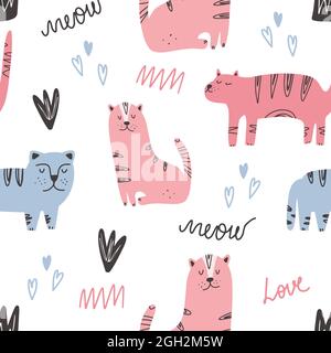 Cute cat pattern - hand drawn childish kitten seamless pattern design Stock Vector