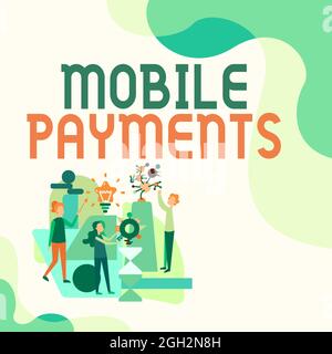 Text caption presenting Mobile Payments. Business approach money paid for a product through a electronic device Three Collagues Illustration Stock Photo