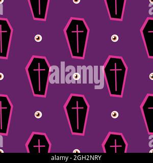 Seamless pattern - halloween coffin on a purple background. Cartoon seamless pattern. Endless texture Stock Vector