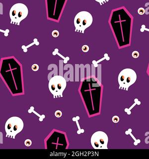 Seamless pattern - halloween coffin and skull on a purple background. Cartoon seamless pattern. Endless texture Stock Vector