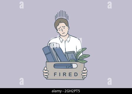 Feeling sad of being fired concept. Young man worker standing feeling stressed being fired holding box with belongings vector illustration  Stock Vector