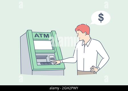 Withdrawing money on atm concept. Young man standing entering pincode on atm machine for getting money cash vector illustration  Stock Vector