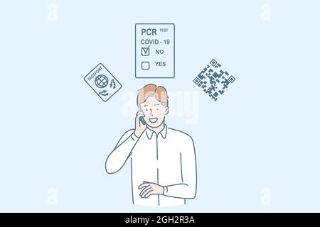 Traveling during covid-19 pandemic concept. Young smiling businessman standing smiling talking on phone having negative coronavirus test for business trip vector illustration  Stock Vector