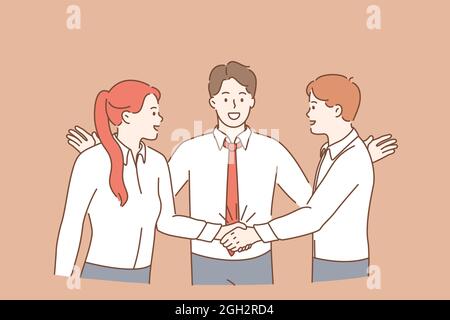 Teamwork, collaboration and business partnership concept. Group of Young men and women workers cartoon characters standing shaking hands after successful deal meaning success and achievement  Stock Vector