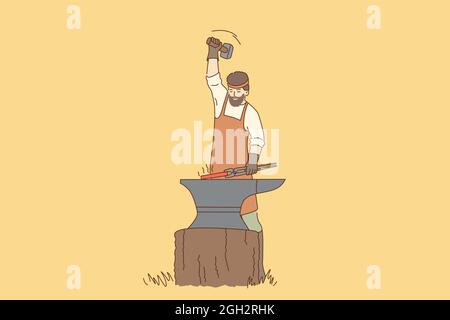 Work and tools of blacksmith concept. Young man blacksmith cartoon character with beard in apron standing working with hot iron vector illustration  Stock Vector
