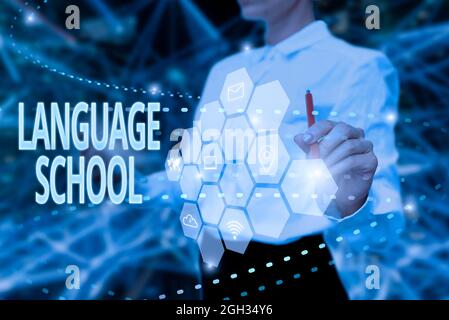 Conceptual display Language School, Word for educational institution where foreign languages are taught Lady In Uniform Holding Tablet In Hand Virtual Stock Photo