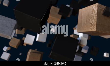 Square wooden 3d render boxes in digital space. Geometric solid plastic shapes in free realistic decoration fall. Graphic background presentation with Stock Photo