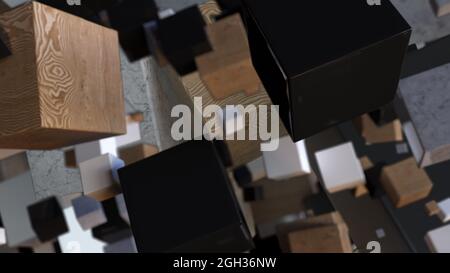 Square wooden 3d render boxes in digital space. Geometric solid plastic shapes in free realistic decoration fall. Graphic background presentation with Stock Photo